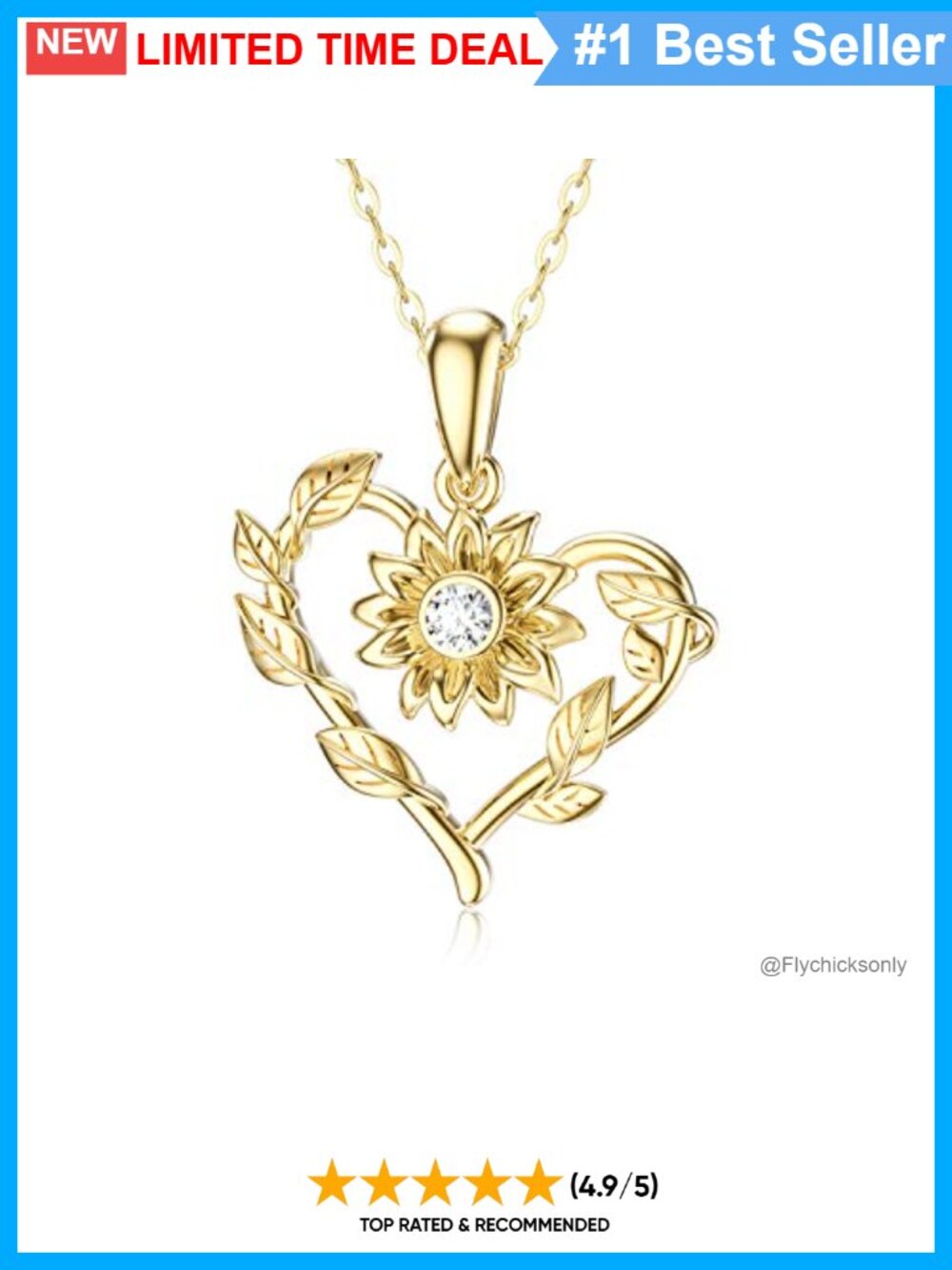 14K Solid Gold Sunflower Heart Necklace Moissanite Pendant
